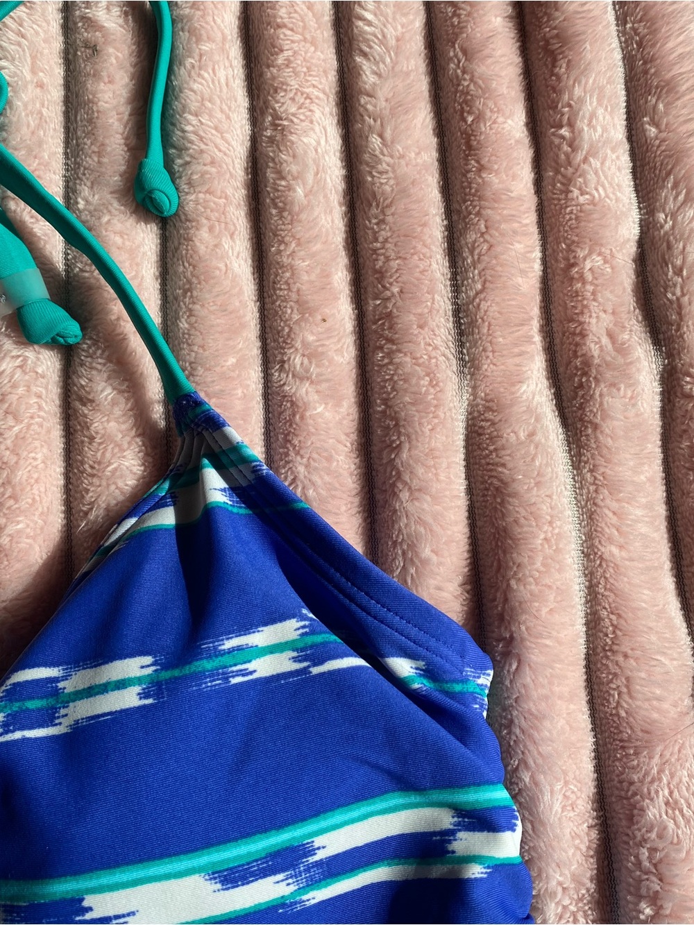 Blue Patterned Halter Swim Top with Teal Straps